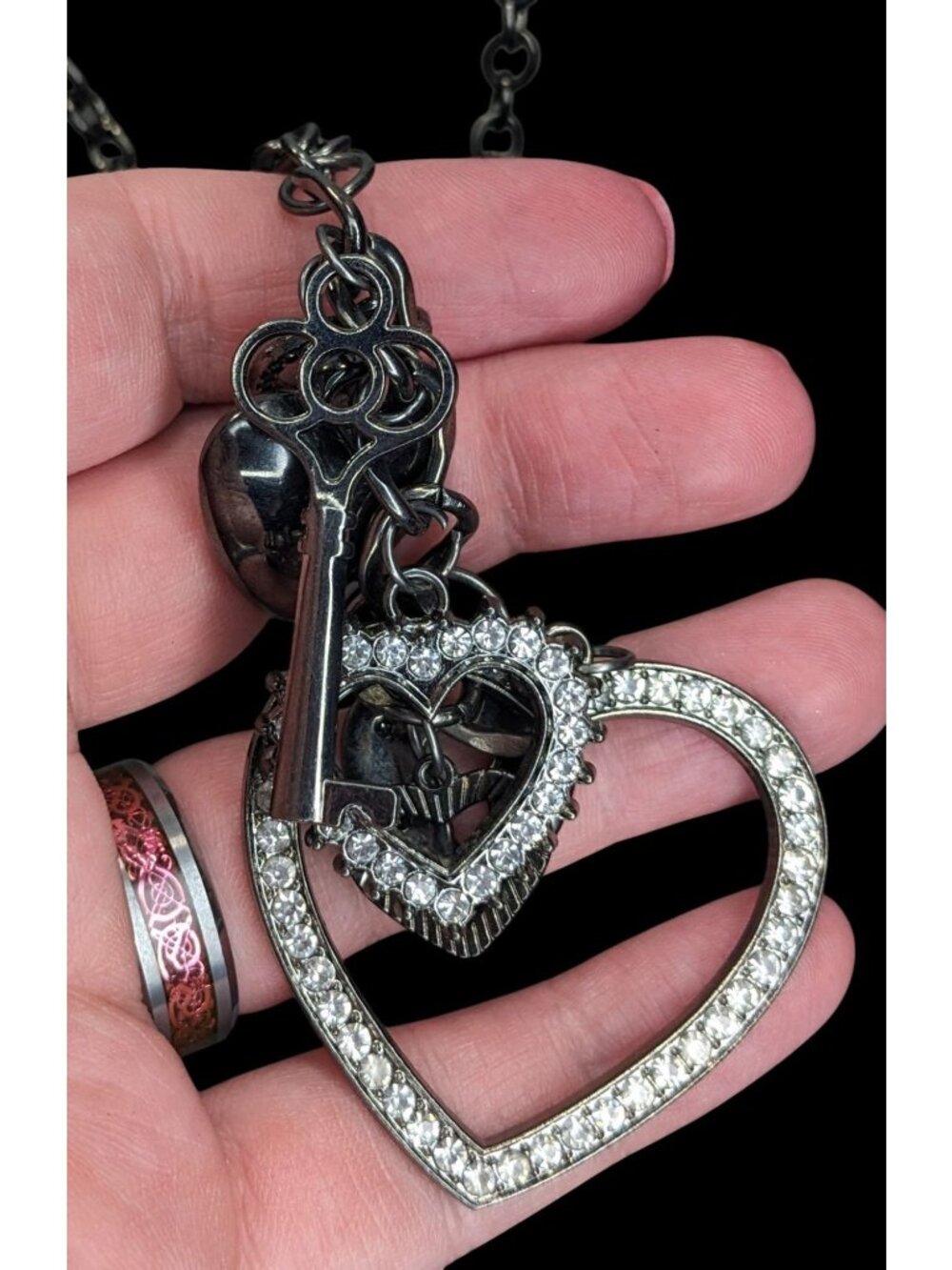 Goth Y2K Rhinestone Heart Key Charm Necklace Gunmetal Black Statement Jewelry